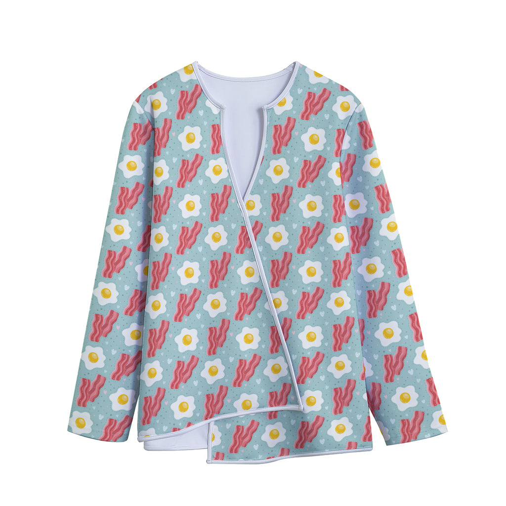 Blue Fried Egg And Bacon Pattern Print Long Sleeve Short Coat