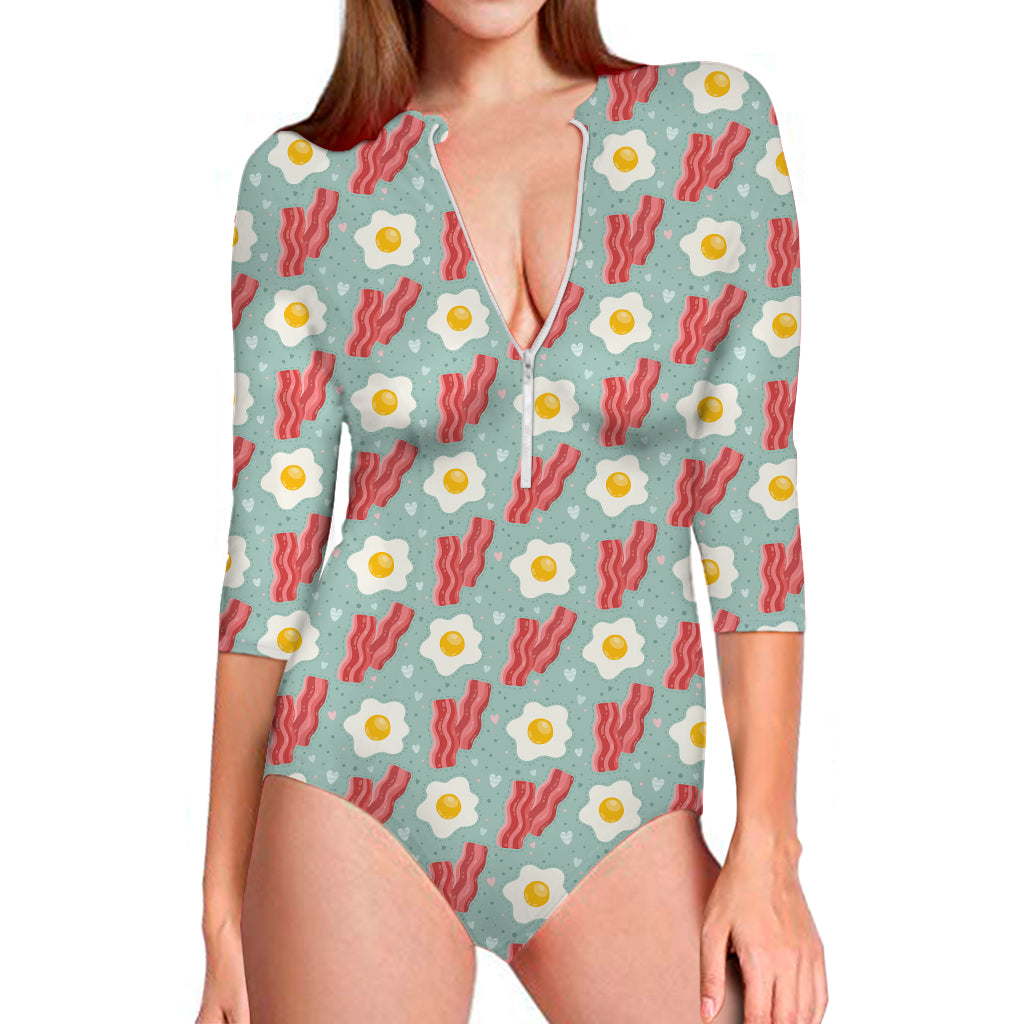 Blue Fried Egg And Bacon Pattern Print Long Sleeve Swimsuit