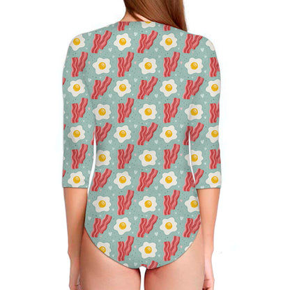 Blue Fried Egg And Bacon Pattern Print Long Sleeve Swimsuit