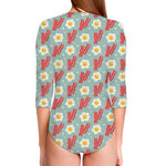 Blue Fried Egg And Bacon Pattern Print Long Sleeve Swimsuit