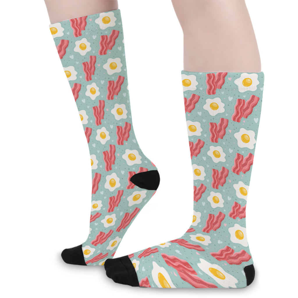 Blue Fried Egg And Bacon Pattern Print Long Socks