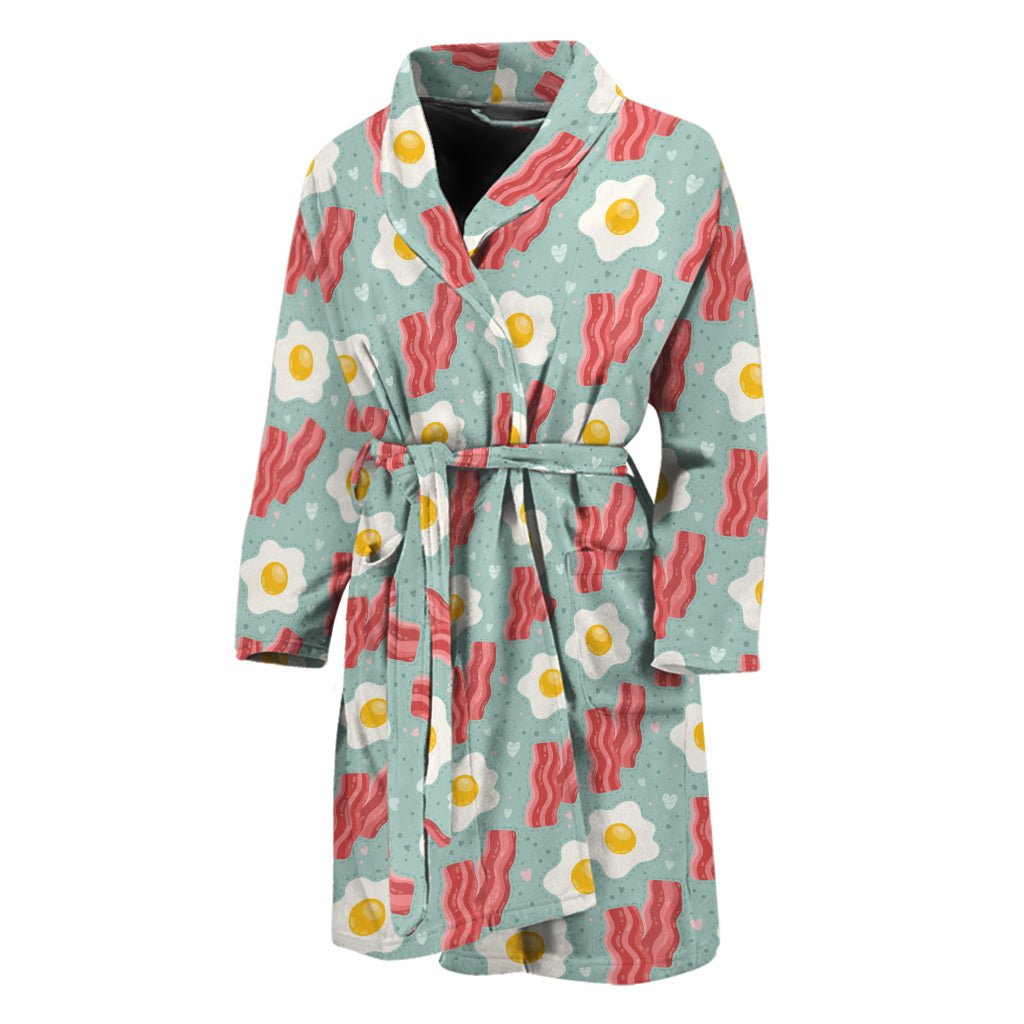 Blue Fried Egg And Bacon Pattern Print Men's Bathrobe