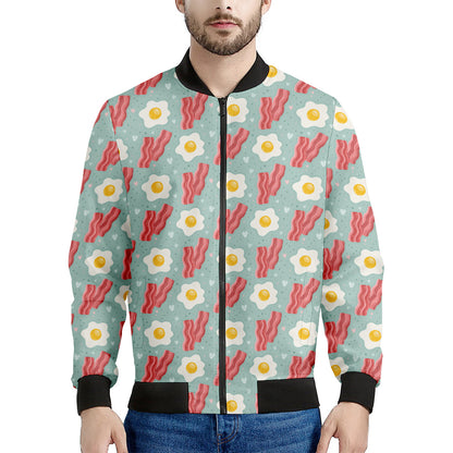 Blue Fried Egg And Bacon Pattern Print Men's Bomber Jacket