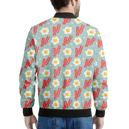 Blue Fried Egg And Bacon Pattern Print Men's Bomber Jacket