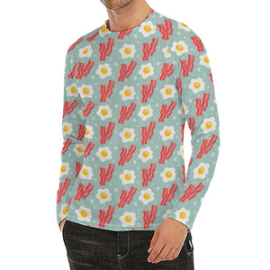 Blue Fried Egg And Bacon Pattern Print Men's Long Sleeve Rash Guard