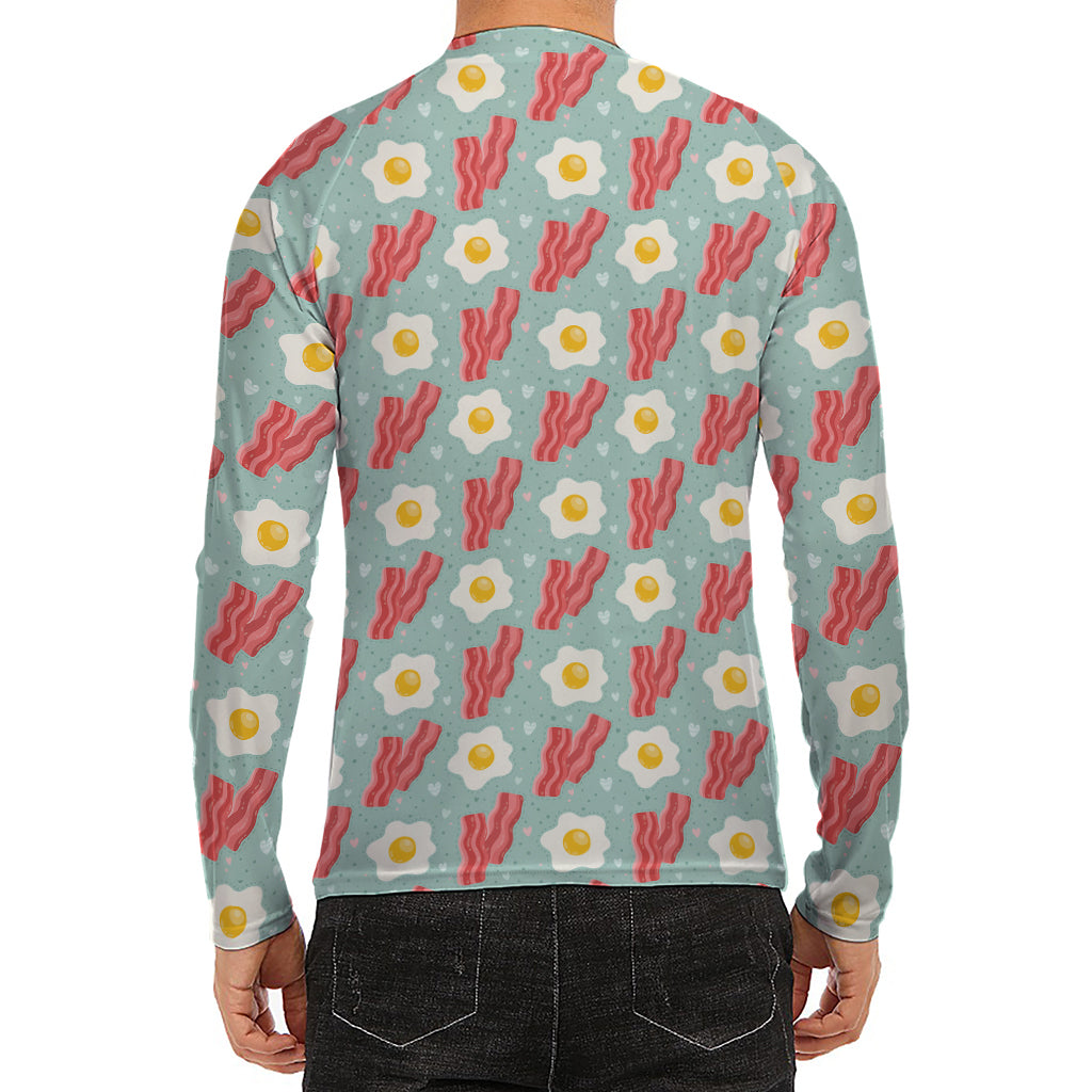 Blue Fried Egg And Bacon Pattern Print Men's Long Sleeve Rash Guard