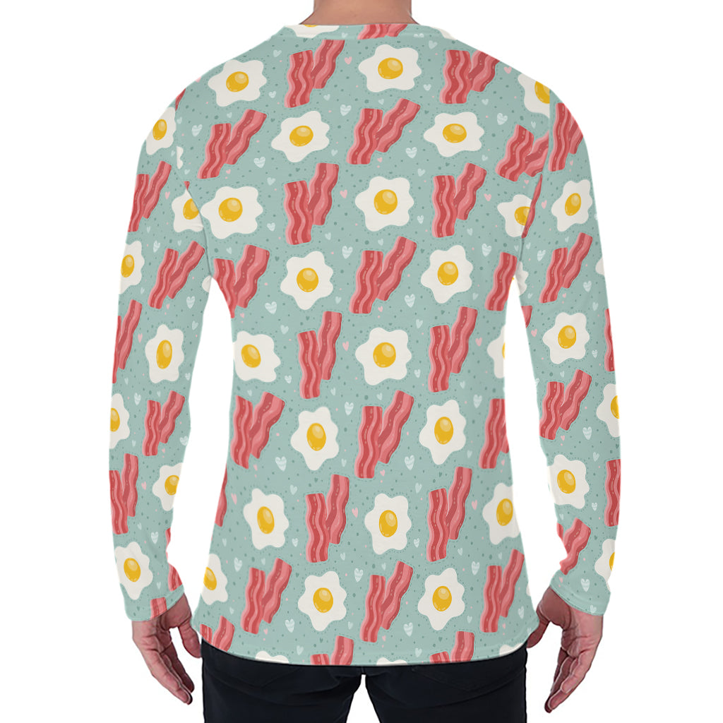 Blue Fried Egg And Bacon Pattern Print Men's Long Sleeve T-Shirt