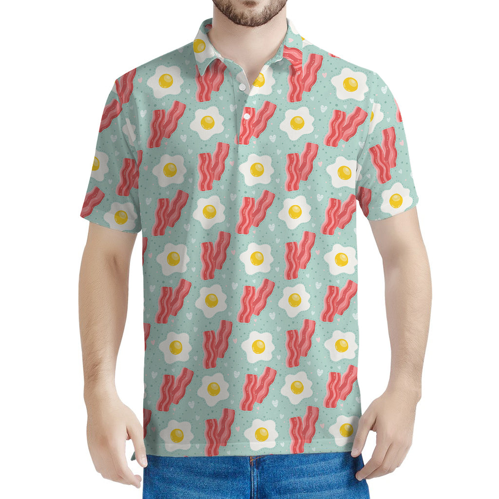 Blue Fried Egg And Bacon Pattern Print Men's Polo Shirt