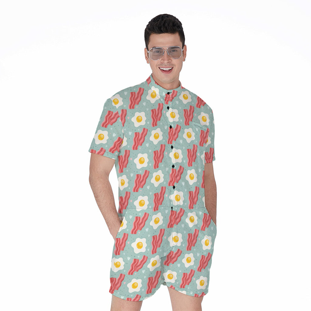 Blue Fried Egg And Bacon Pattern Print Men's Rompers