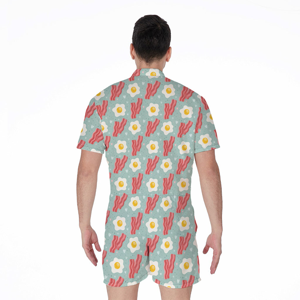 Blue Fried Egg And Bacon Pattern Print Men's Rompers