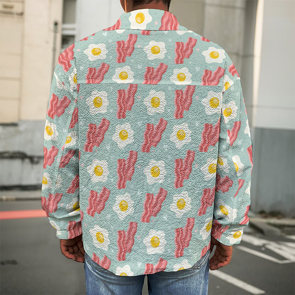 Blue Fried Egg And Bacon Pattern Print Men's Shirt Jacket