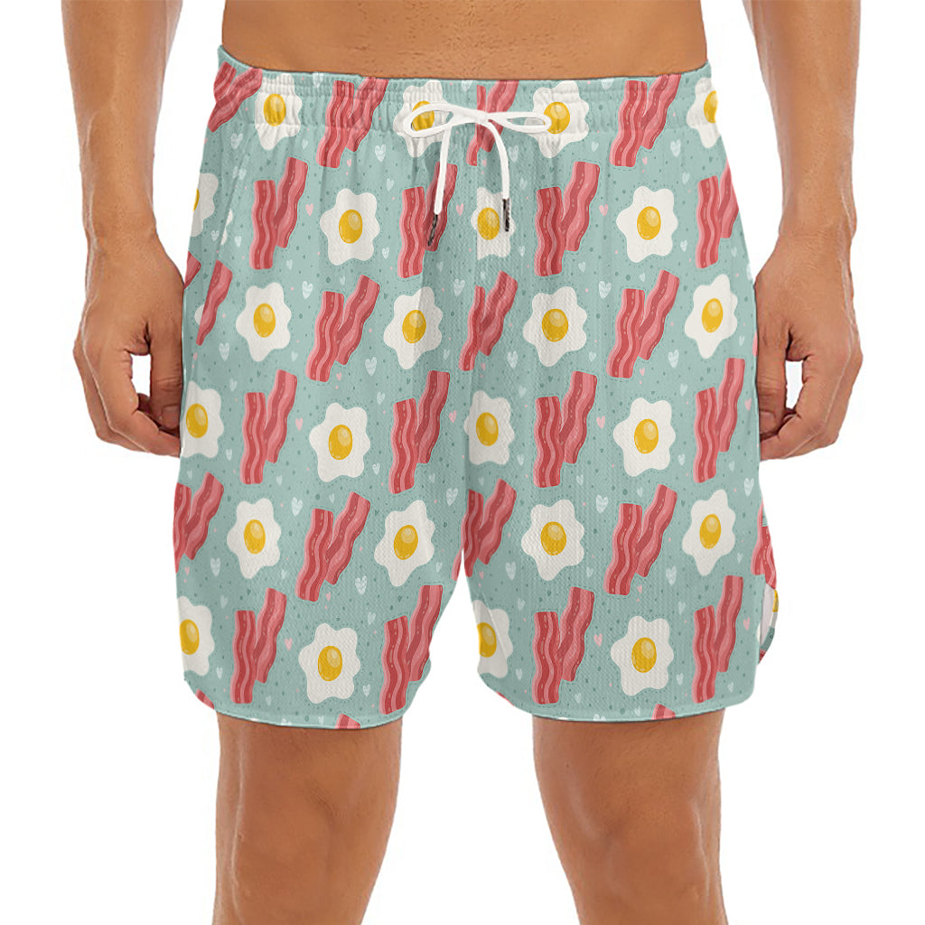 Blue Fried Egg And Bacon Pattern Print Men's Split Running Shorts