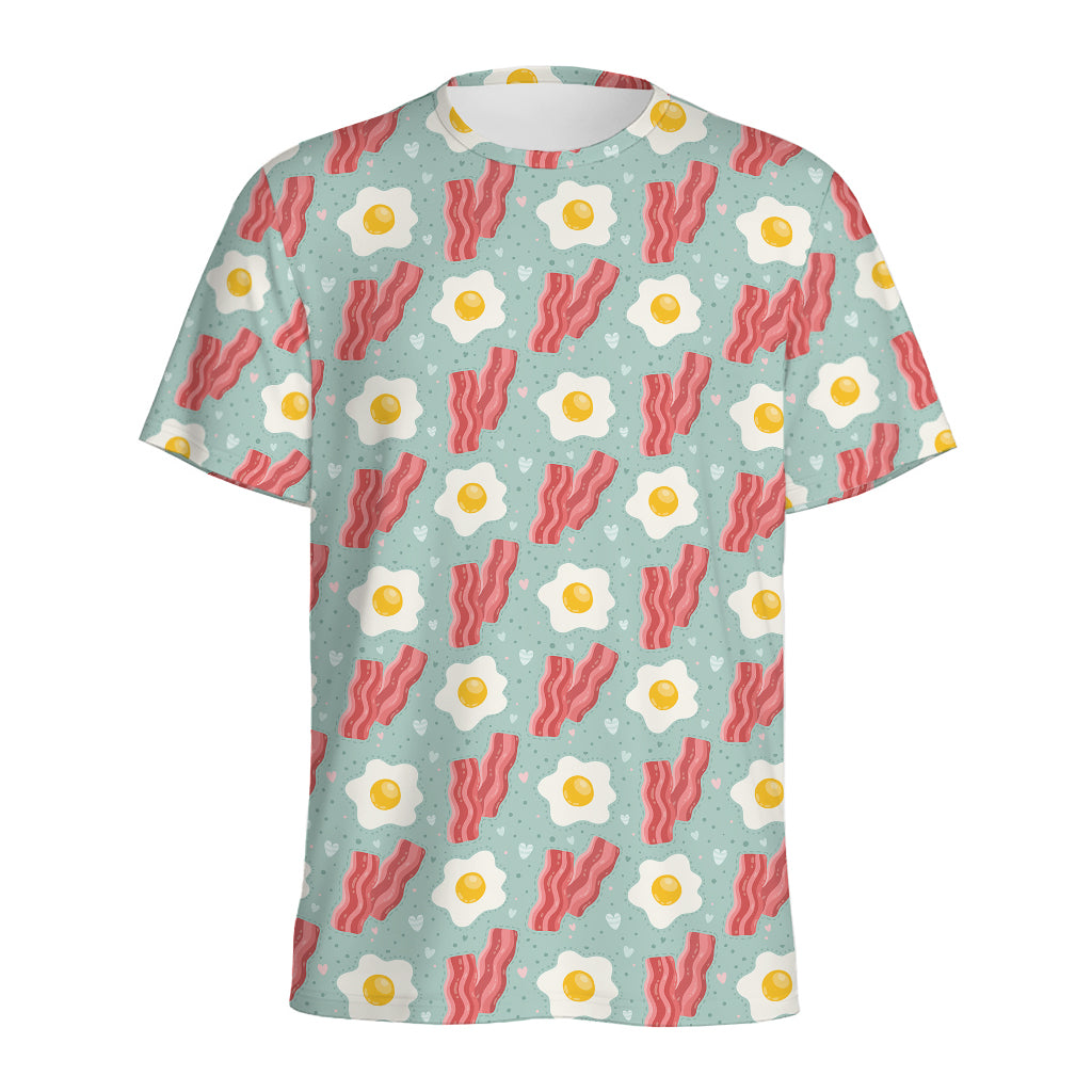 Blue Fried Egg And Bacon Pattern Print Men's Sports T-Shirt