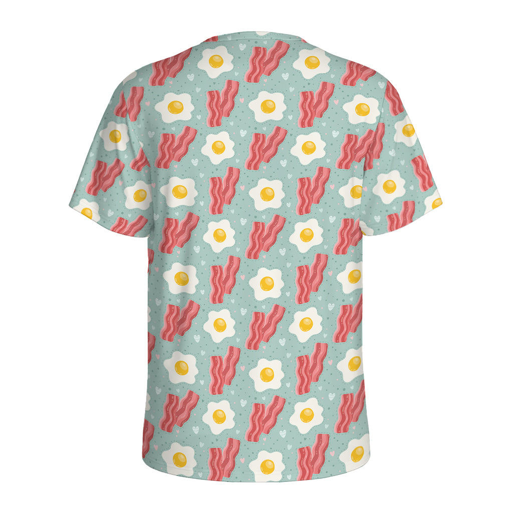 Blue Fried Egg And Bacon Pattern Print Men's Sports T-Shirt