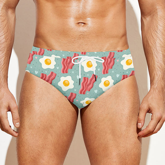 Blue Fried Egg And Bacon Pattern Print Men's Swim Briefs