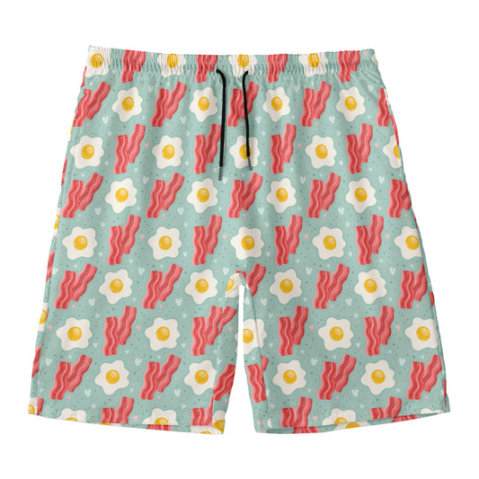 Blue Fried Egg And Bacon Pattern Print Men's Swim Trunks