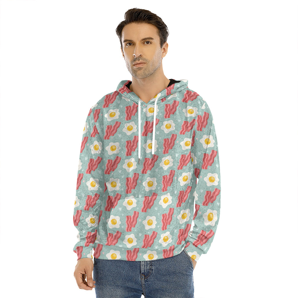 Blue Fried Egg And Bacon Pattern Print Men's Velvet Pullover Hoodie