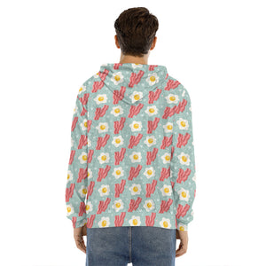 Blue Fried Egg And Bacon Pattern Print Men's Velvet Pullover Hoodie