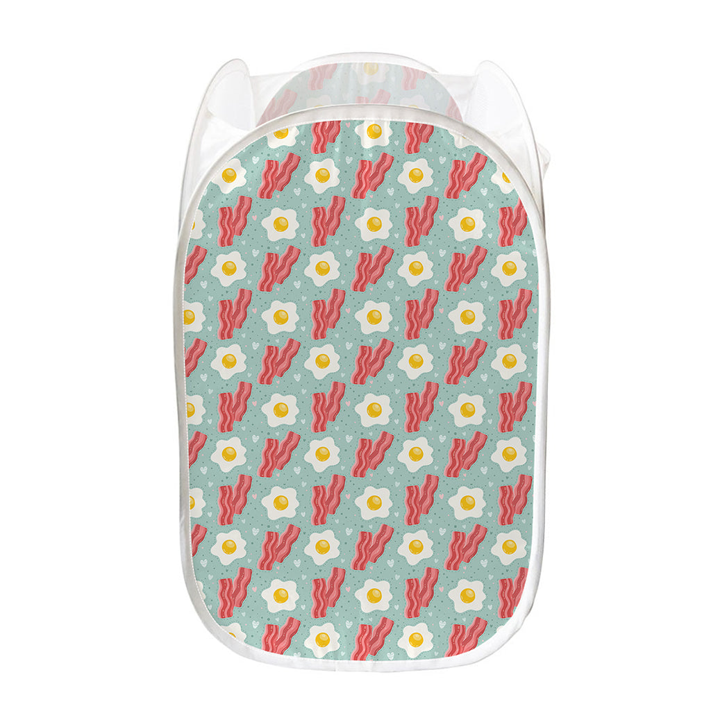 Blue Fried Egg And Bacon Pattern Print Mesh Laundry Hamper