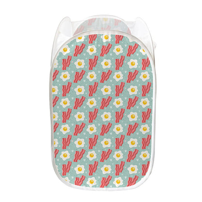 Blue Fried Egg And Bacon Pattern Print Mesh Laundry Hamper