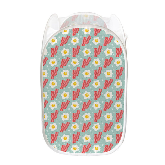 Blue Fried Egg And Bacon Pattern Print Mesh Laundry Hamper