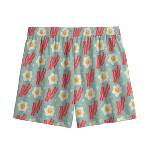 Blue Fried Egg And Bacon Pattern Print Mesh Shorts