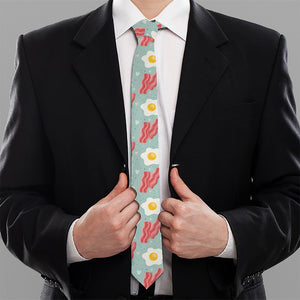 Blue Fried Egg And Bacon Pattern Print Necktie