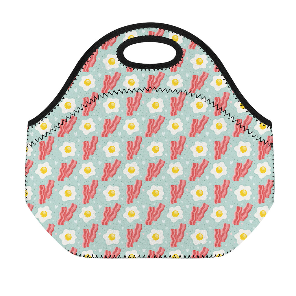 Blue Fried Egg And Bacon Pattern Print Neoprene Lunch Bag