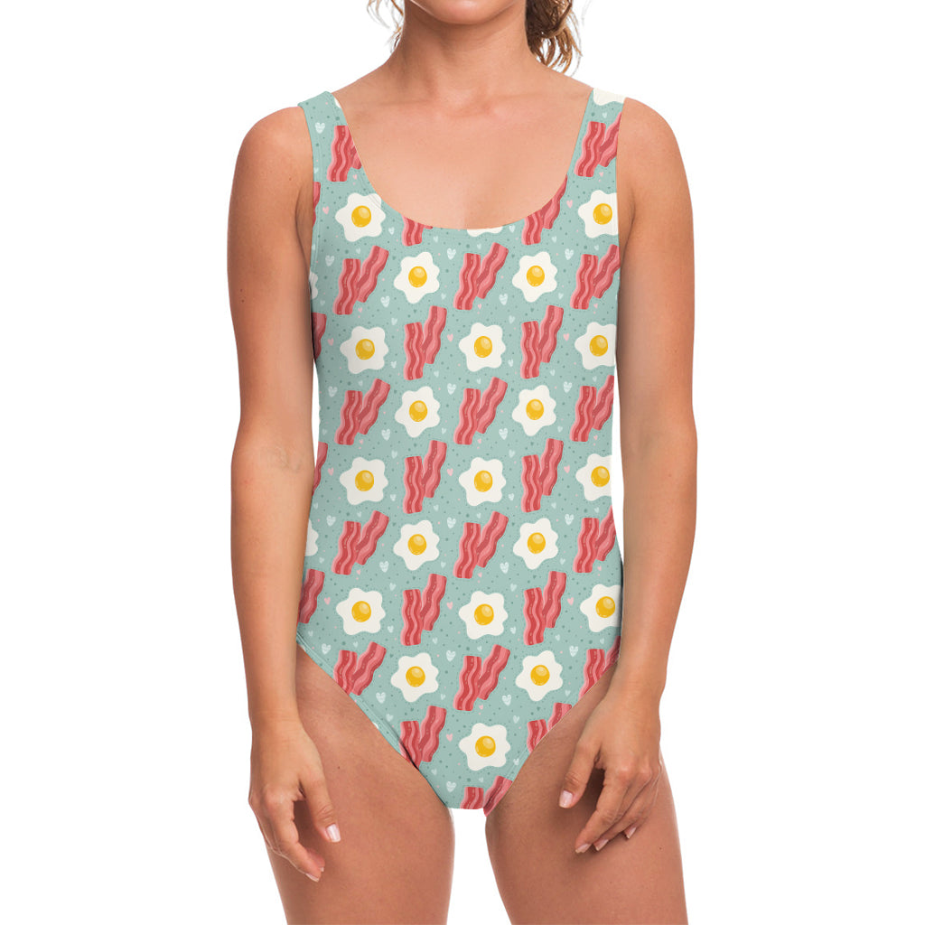Blue Fried Egg And Bacon Pattern Print One Piece Swimsuit