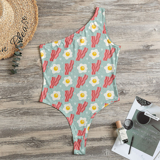 Blue Fried Egg And Bacon Pattern Print One Shoulder Bodysuit