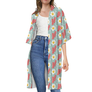 Blue Fried Egg And Bacon Pattern Print Open Front Beach Cover Up