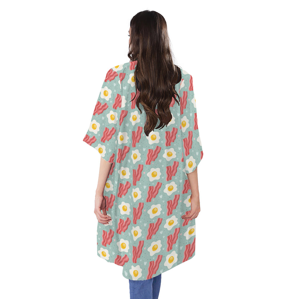 Blue Fried Egg And Bacon Pattern Print Open Front Beach Cover Up