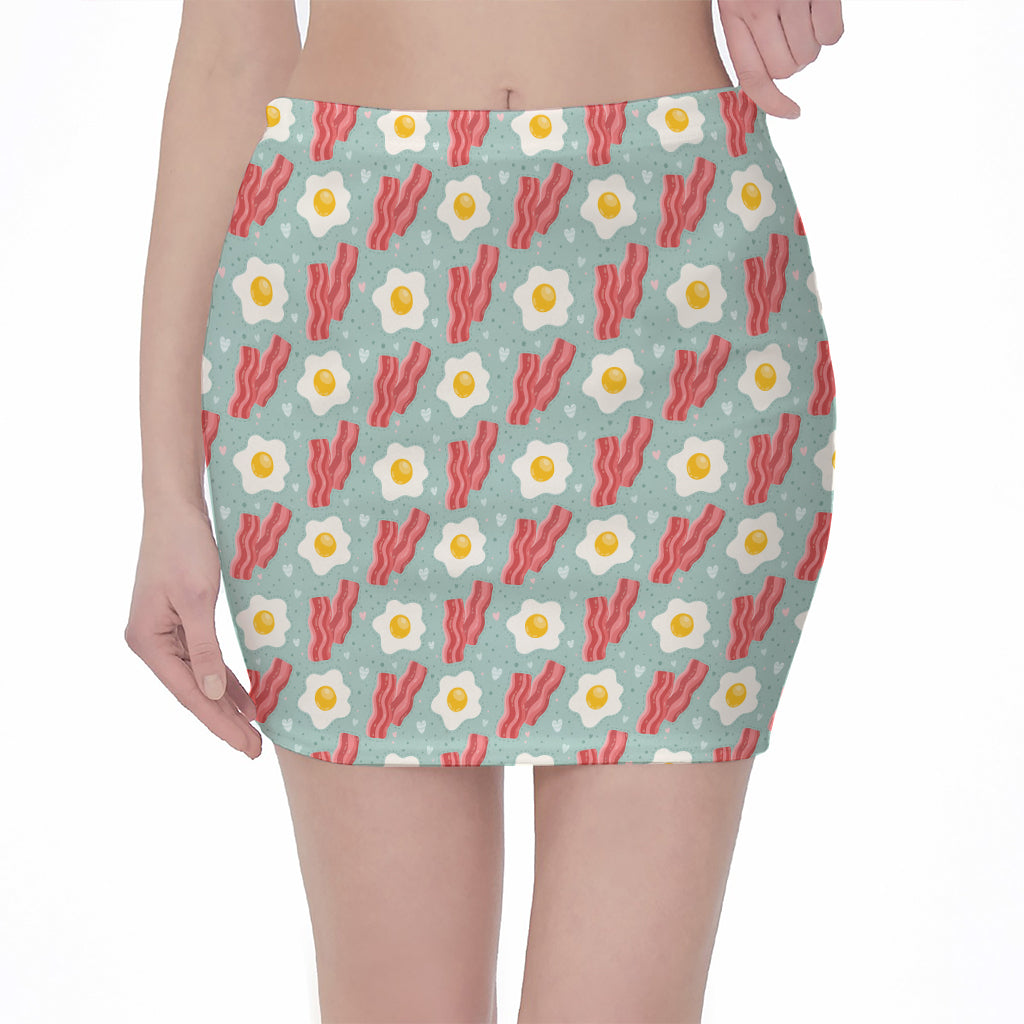 Blue Fried Egg And Bacon Pattern Print Pencil Mini Skirt