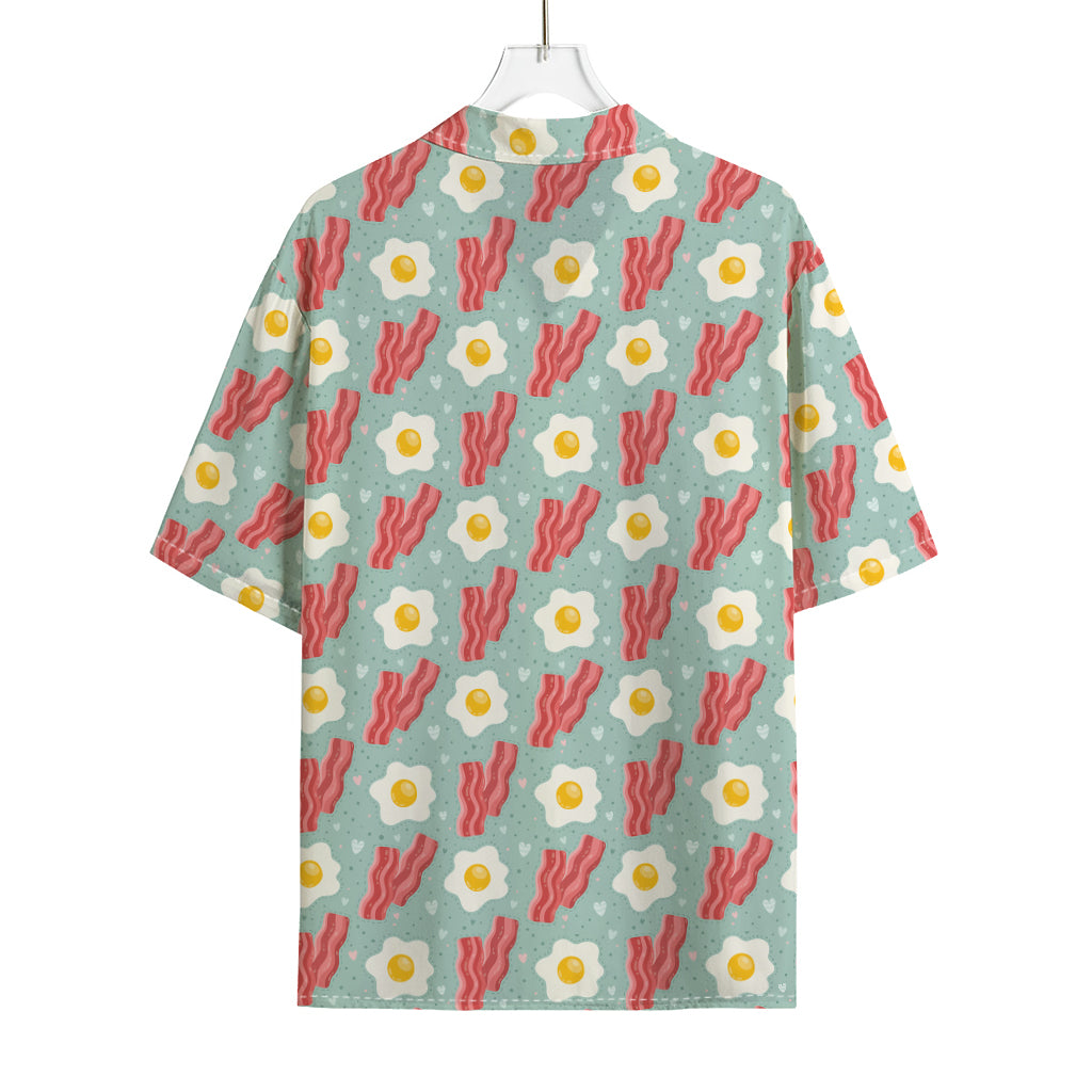 Blue Fried Egg And Bacon Pattern Print Rayon Hawaiian Shirt