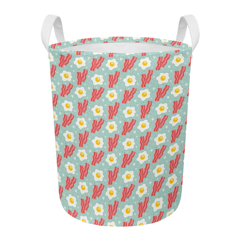 Blue Fried Egg And Bacon Pattern Print Round Laundry Basket