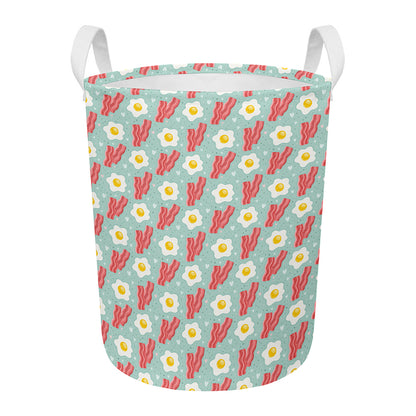 Blue Fried Egg And Bacon Pattern Print Round Laundry Basket