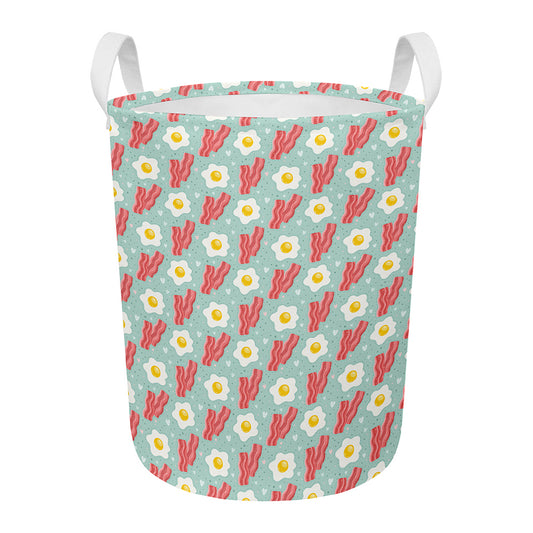 Blue Fried Egg And Bacon Pattern Print Round Laundry Basket