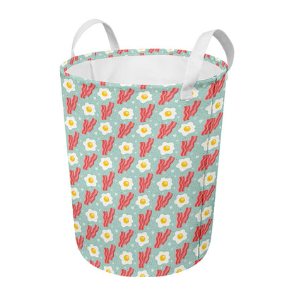 Blue Fried Egg And Bacon Pattern Print Round Laundry Basket