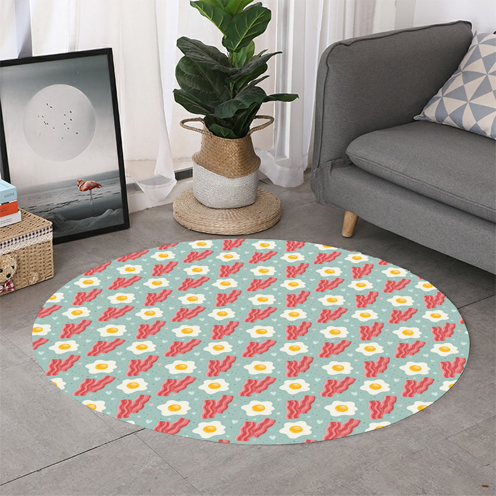 Blue Fried Egg And Bacon Pattern Print Round Rug