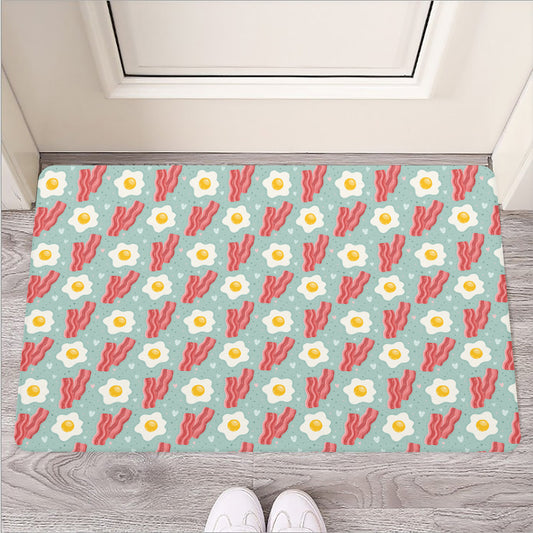 Blue Fried Egg And Bacon Pattern Print Rubber Doormat