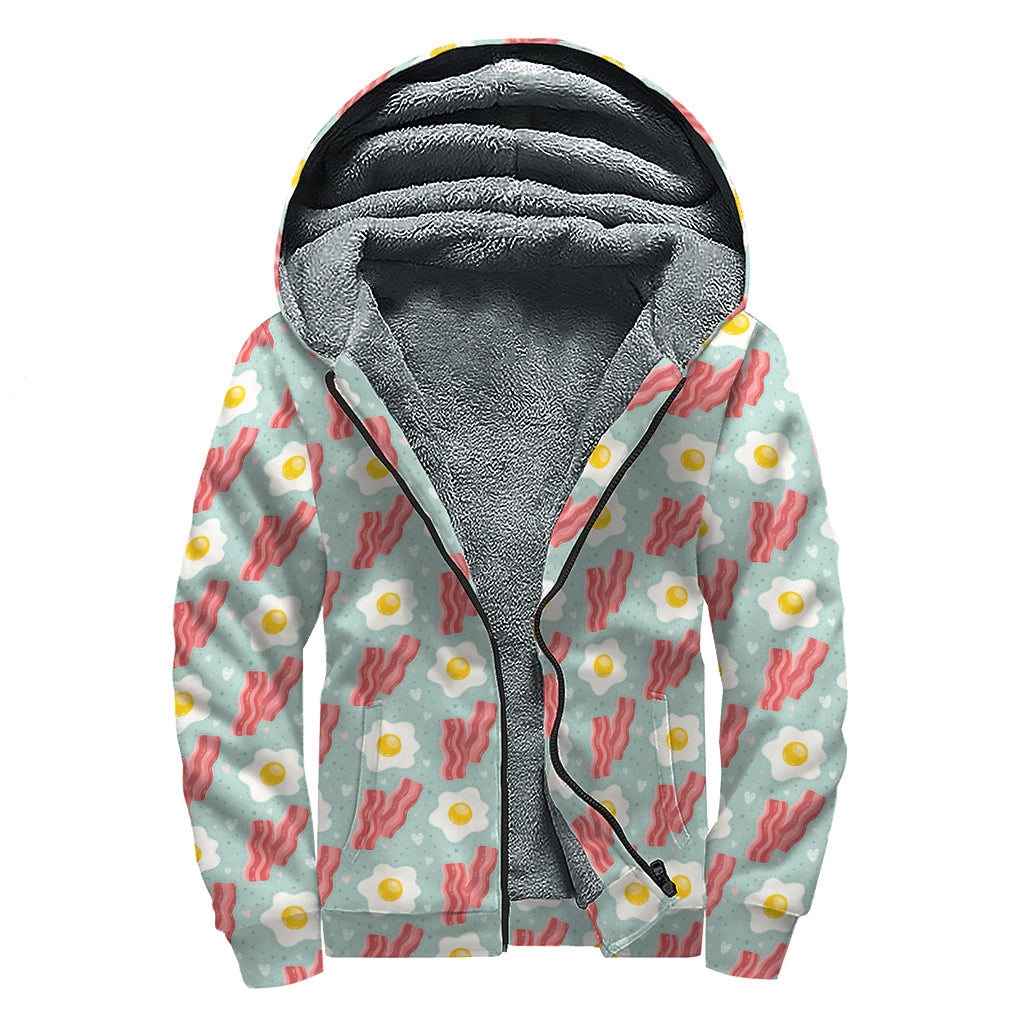 Blue Fried Egg And Bacon Pattern Print Sherpa Lined Zip Up Hoodie