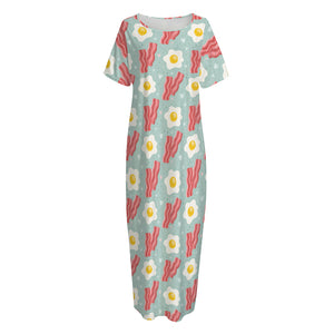 Blue Fried Egg And Bacon Pattern Print Short Sleeve Long Nightdress