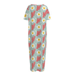 Blue Fried Egg And Bacon Pattern Print Short Sleeve Long Nightdress