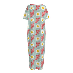 Blue Fried Egg And Bacon Pattern Print Short Sleeve Long Nightdress