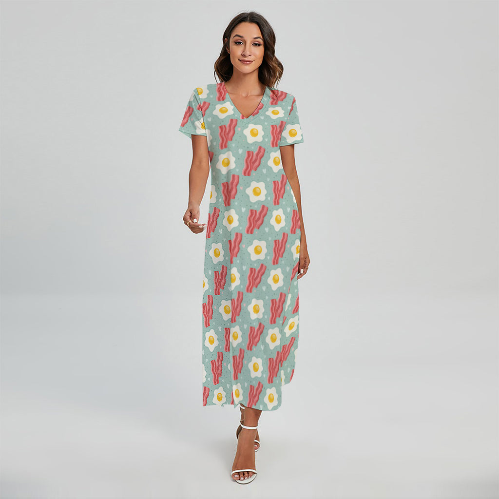 Blue Fried Egg And Bacon Pattern Print Short Sleeve Maxi Dress