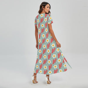 Blue Fried Egg And Bacon Pattern Print Short Sleeve Maxi Dress