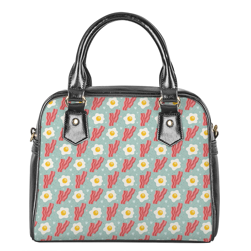 Blue Fried Egg And Bacon Pattern Print Shoulder Handbag