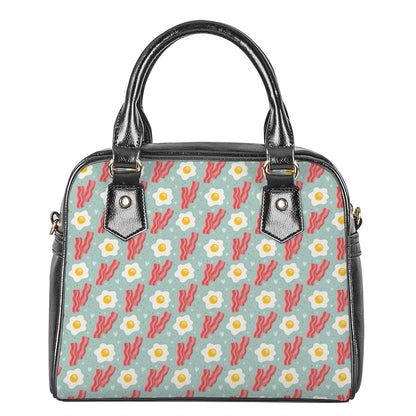 Blue Fried Egg And Bacon Pattern Print Shoulder Handbag