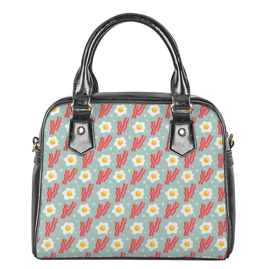Blue Fried Egg And Bacon Pattern Print Shoulder Handbag