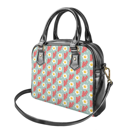 Blue Fried Egg And Bacon Pattern Print Shoulder Handbag